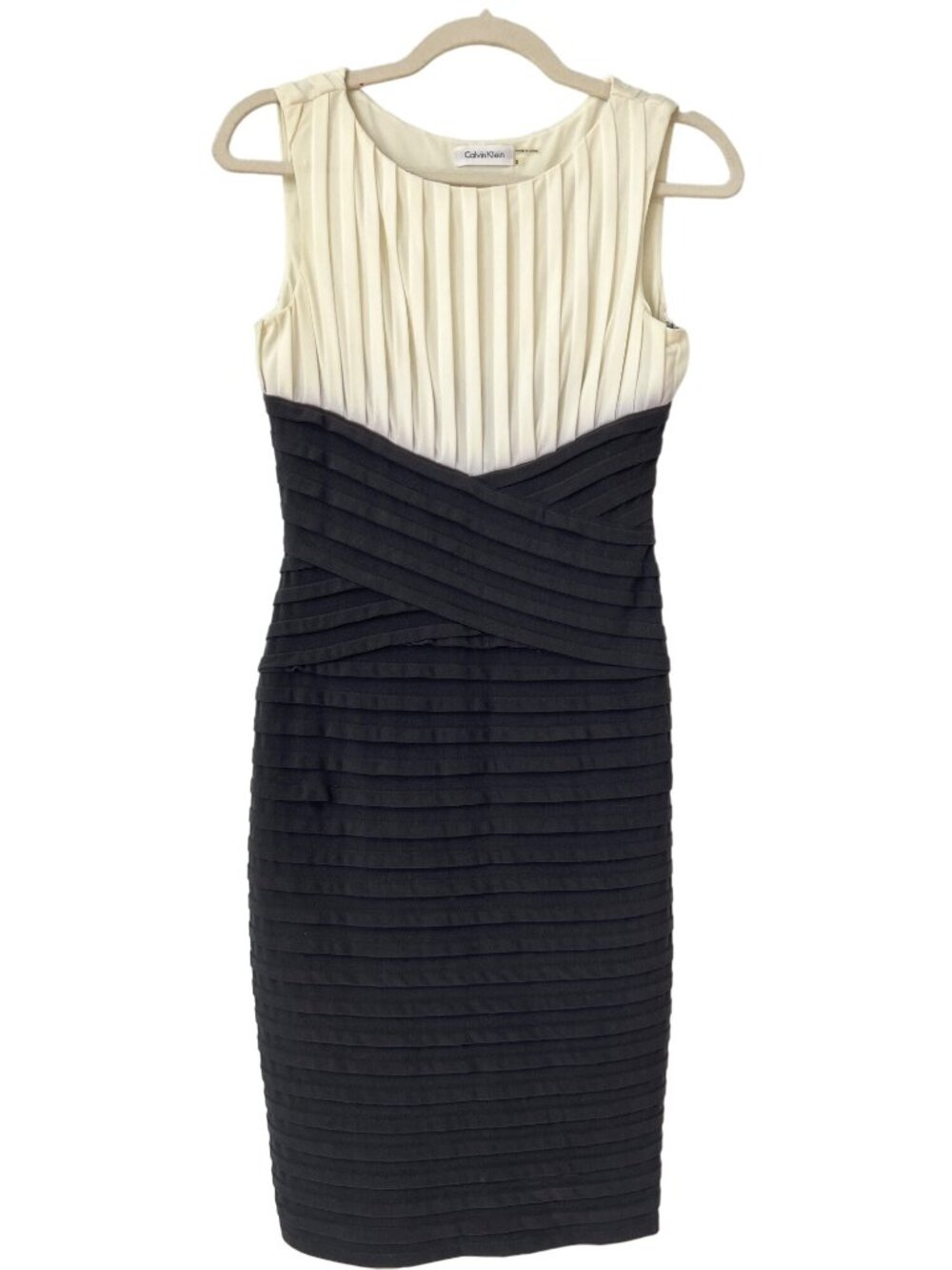 Calvin Klein Dress 2 Pleated Sheath Sleeveless Bodycon White Black Career Office
